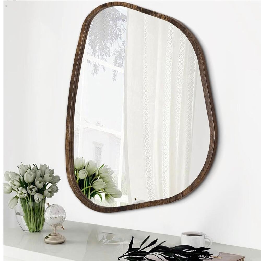 Brown Asymmetrical Wall Mirror 20x16 Irregular Oval Wood Frame Modern Decor